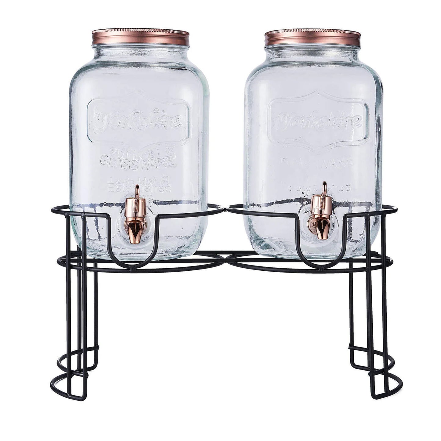 Clear dual gallon glass jars dispenser with rose gold lids.