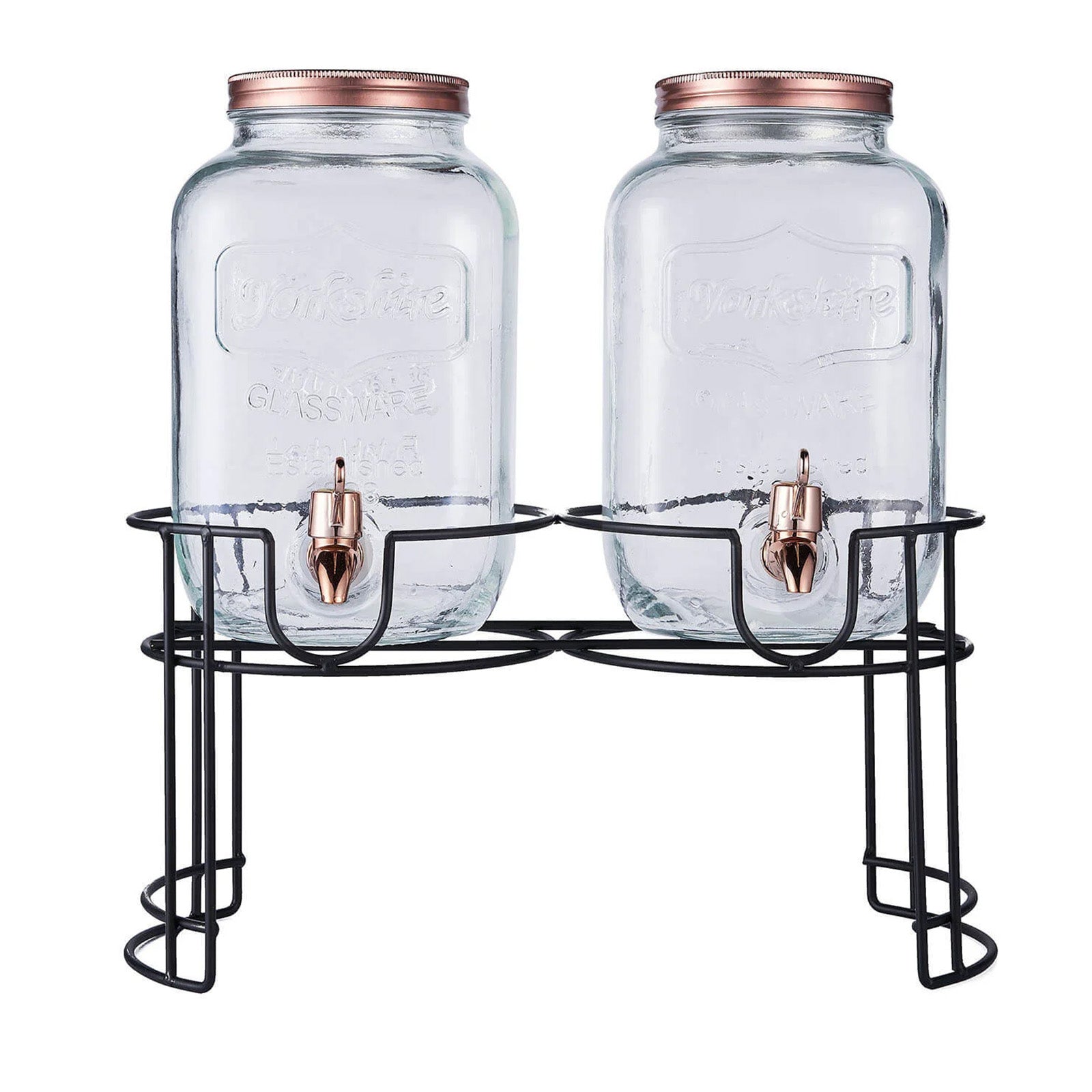 Clear dual gallon glass jars dispenser with rose gold lids.
