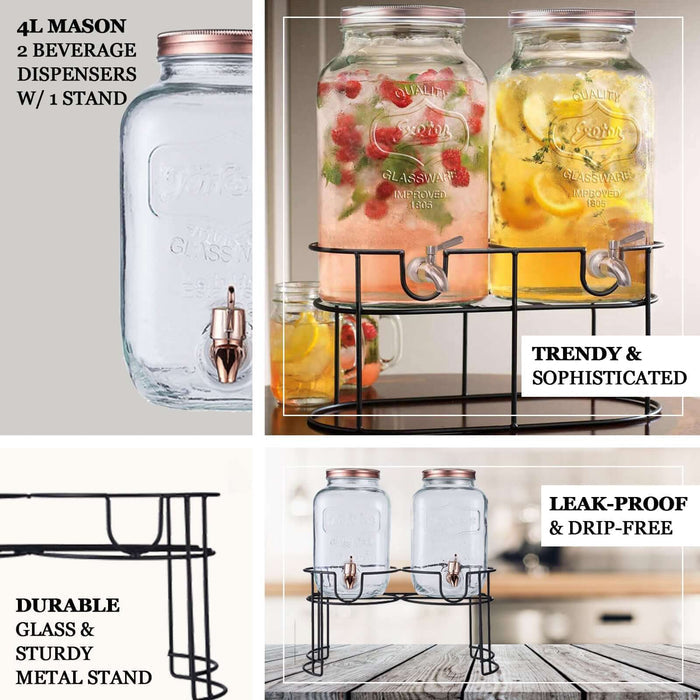 Clear glass jars with rose gold lids, beverage dispenser stand included.
