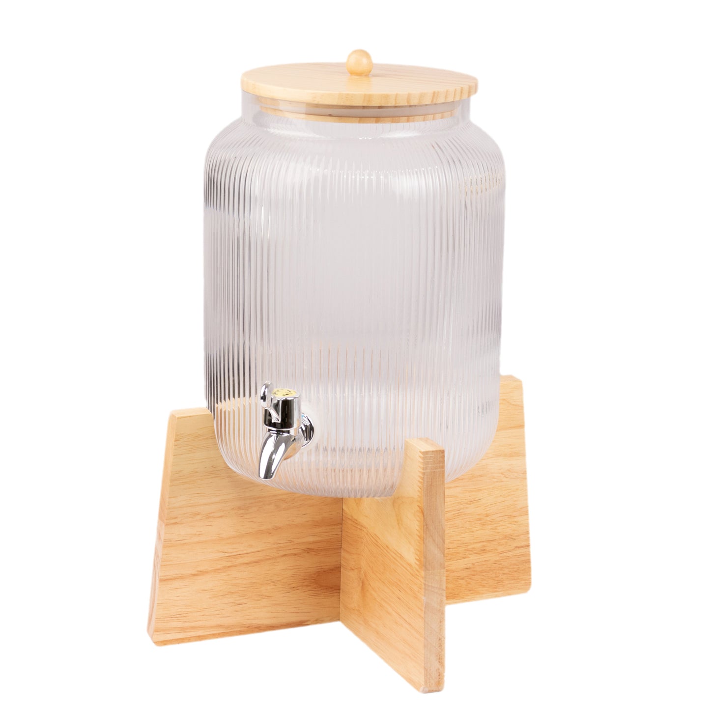 1 Gallon Clear Ribbed Glass Drink Dispenser with Wooden Stand and Lid, Lead Free Countertop Round Juice Jar Beverage Dispenser with Spigot - 14"