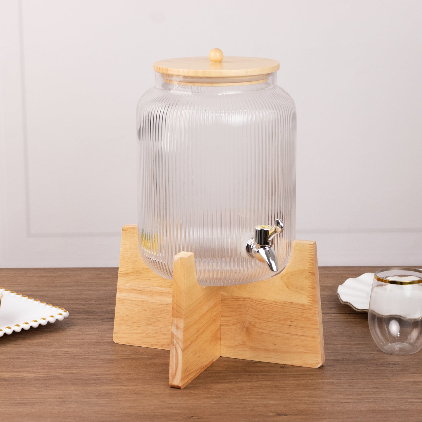 1 Gallon Clear Ribbed Glass Drink Dispenser with Wooden Stand and Lid, Lead Free Countertop Round Juice Jar Beverage Dispenser with Spigot - 14"