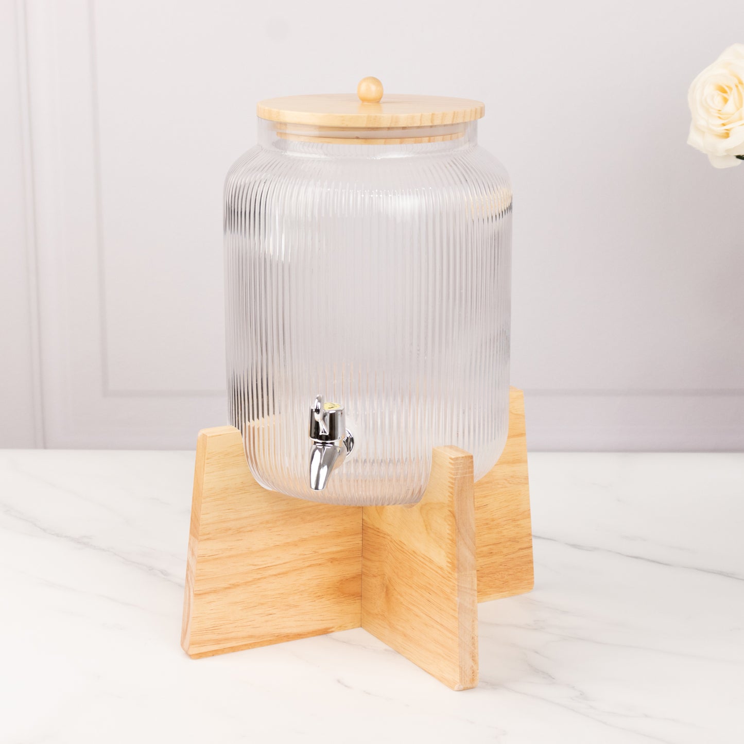 1 Gallon Clear Ribbed Glass Drink Dispenser with Wooden Stand and Lid, Lead Free Countertop Round Juice Jar Beverage Dispenser with Spigot - 14"