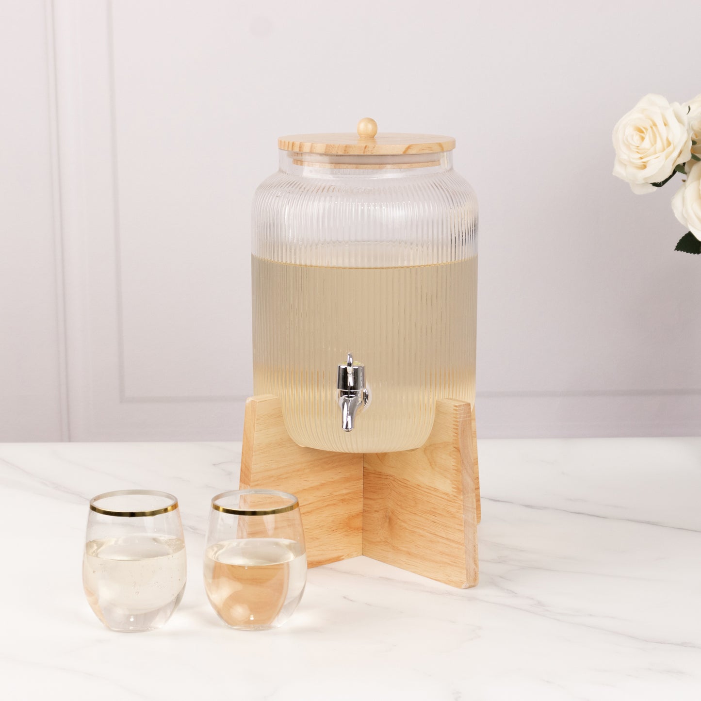 1 Gallon Clear Ribbed Glass Drink Dispenser with Wooden Stand and Lid, Lead Free Countertop Round Juice Jar Beverage Dispenser with Spigot - 14"