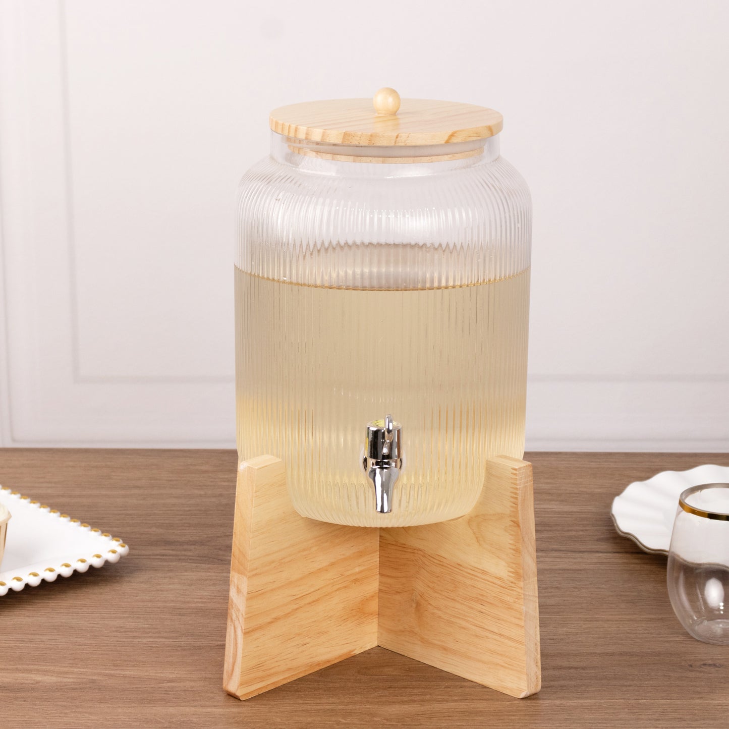 1 Gallon Clear Ribbed Glass Drink Dispenser with Wooden Stand and Lid, Lead Free Countertop Round Juice Jar Beverage Dispenser with Spigot - 14"