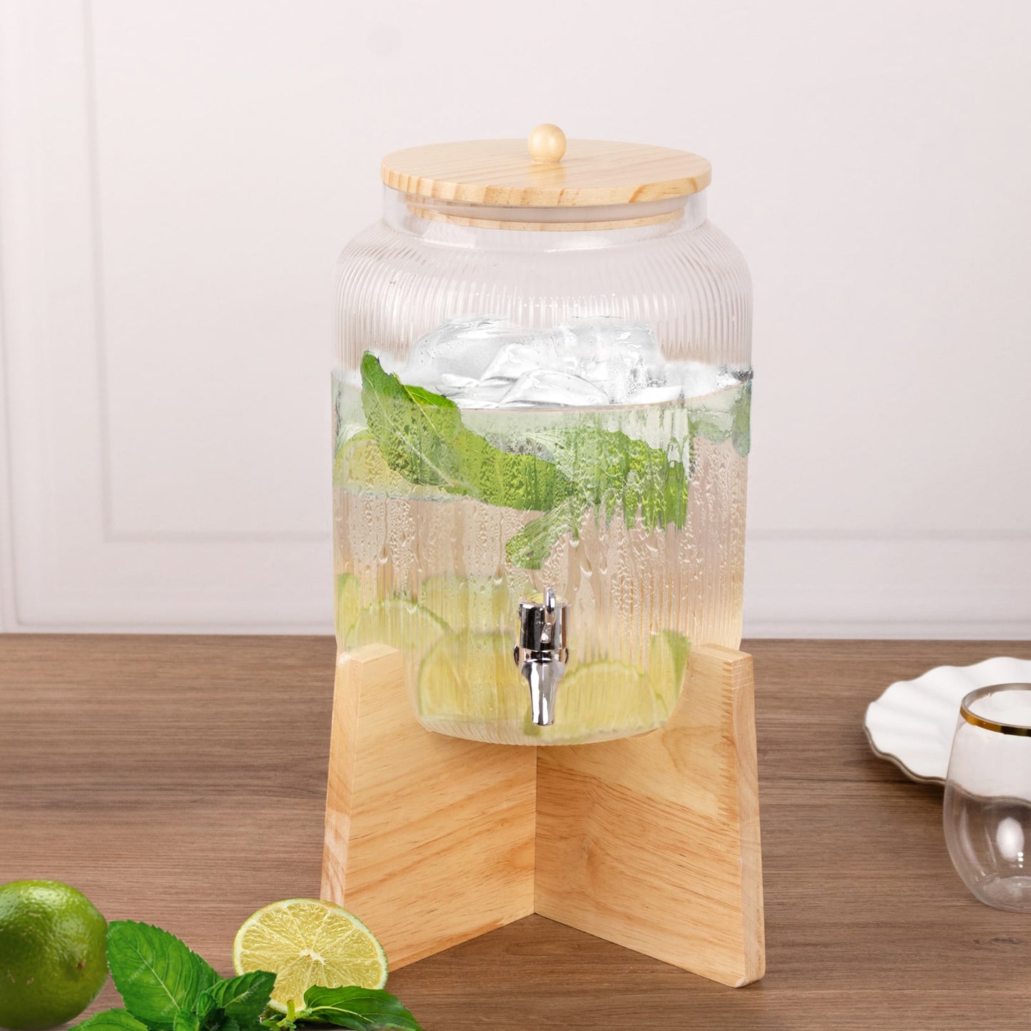 1 Gallon Clear Ribbed Glass Drink Dispenser with Wooden Stand and Lid, Lead Free Countertop Round Juice Jar Beverage Dispenser with Spigot - 14"