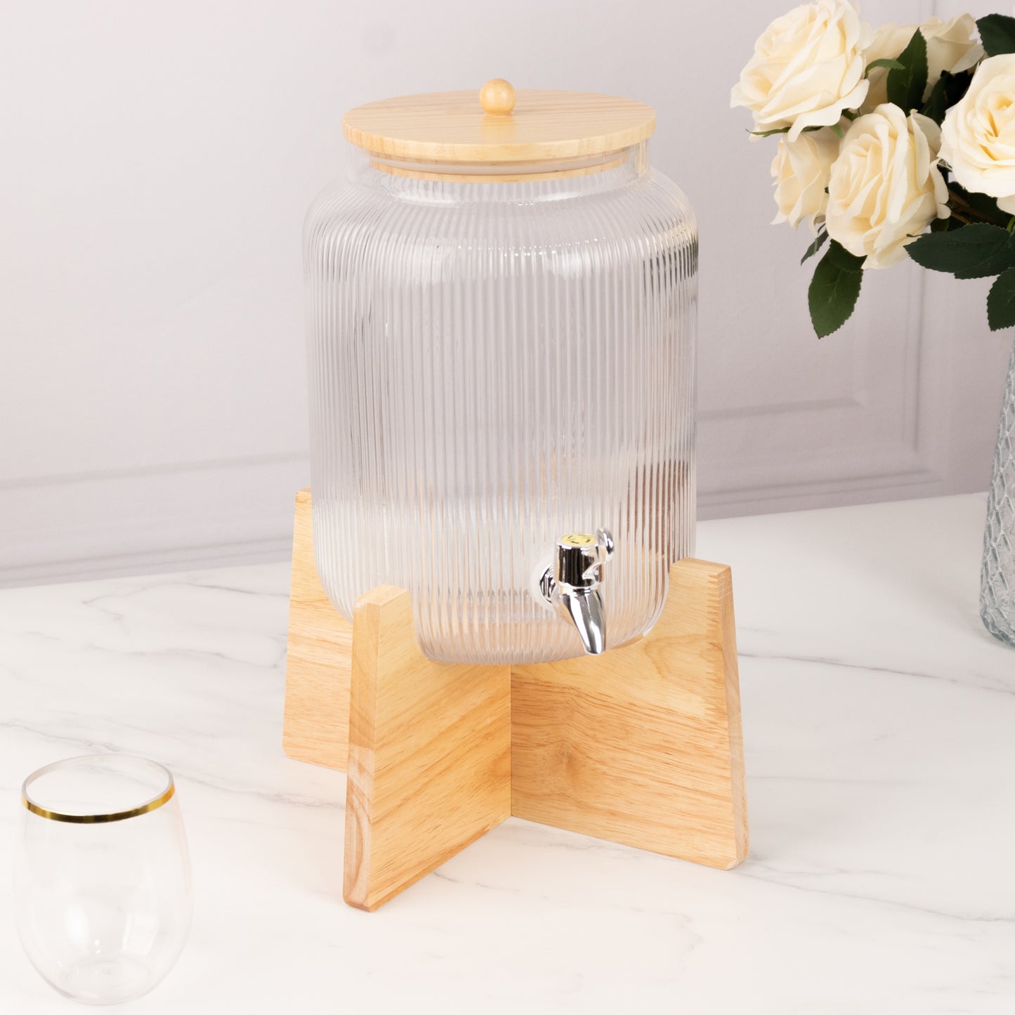 1 Gallon Clear Ribbed Glass Drink Dispenser with Wooden Stand and Lid, Lead Free Countertop Round Juice Jar Beverage Dispenser with Spigot - 14"