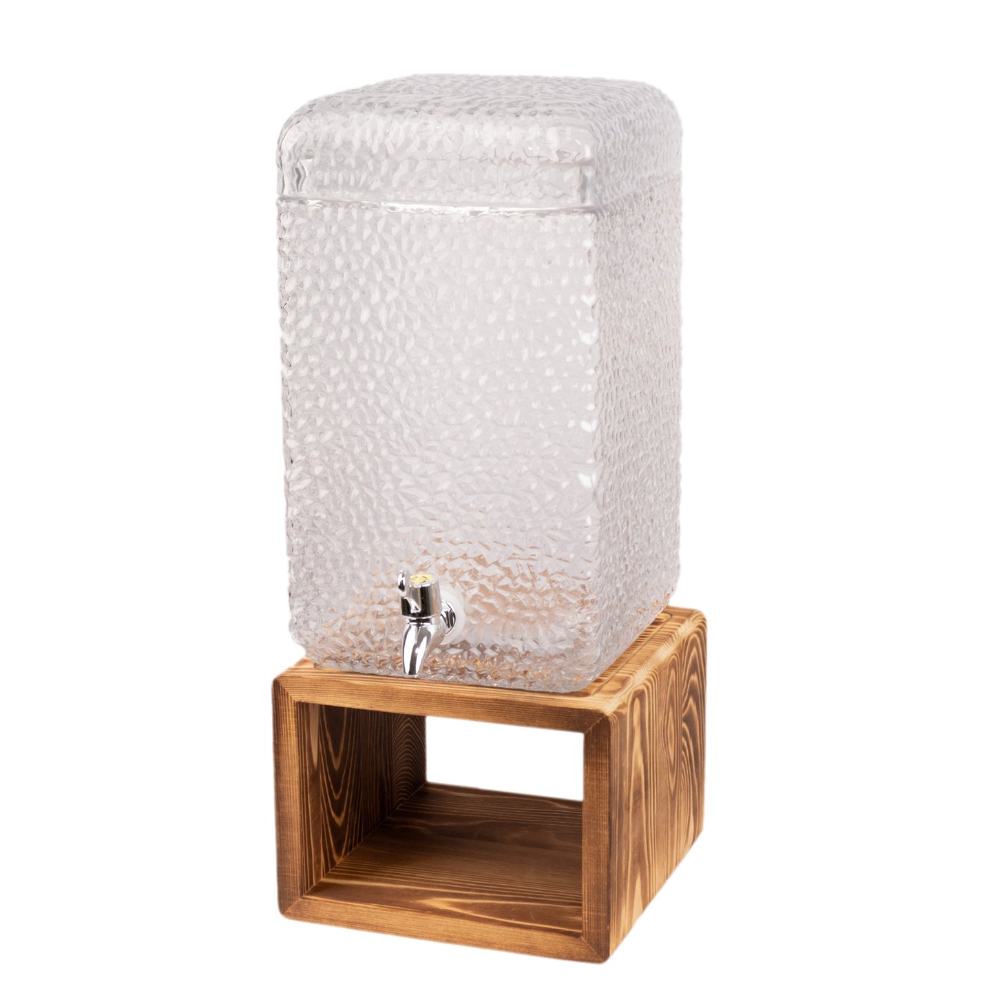 2 Gallon Clear Hammered Glass Drink Dispenser with Wooden Stand, Lead Free Countertop Rectangular Juice Jar Beverage Dispenser with Lid and Spigot - 19"