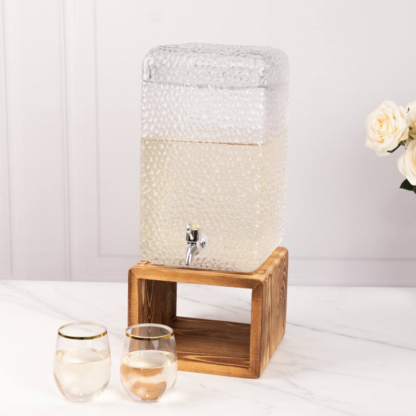 2 Gallon Clear Hammered Glass Drink Dispenser with Wooden Stand, Lead Free Countertop Rectangular Juice Jar Beverage Dispenser with Lid and Spigot - 19"