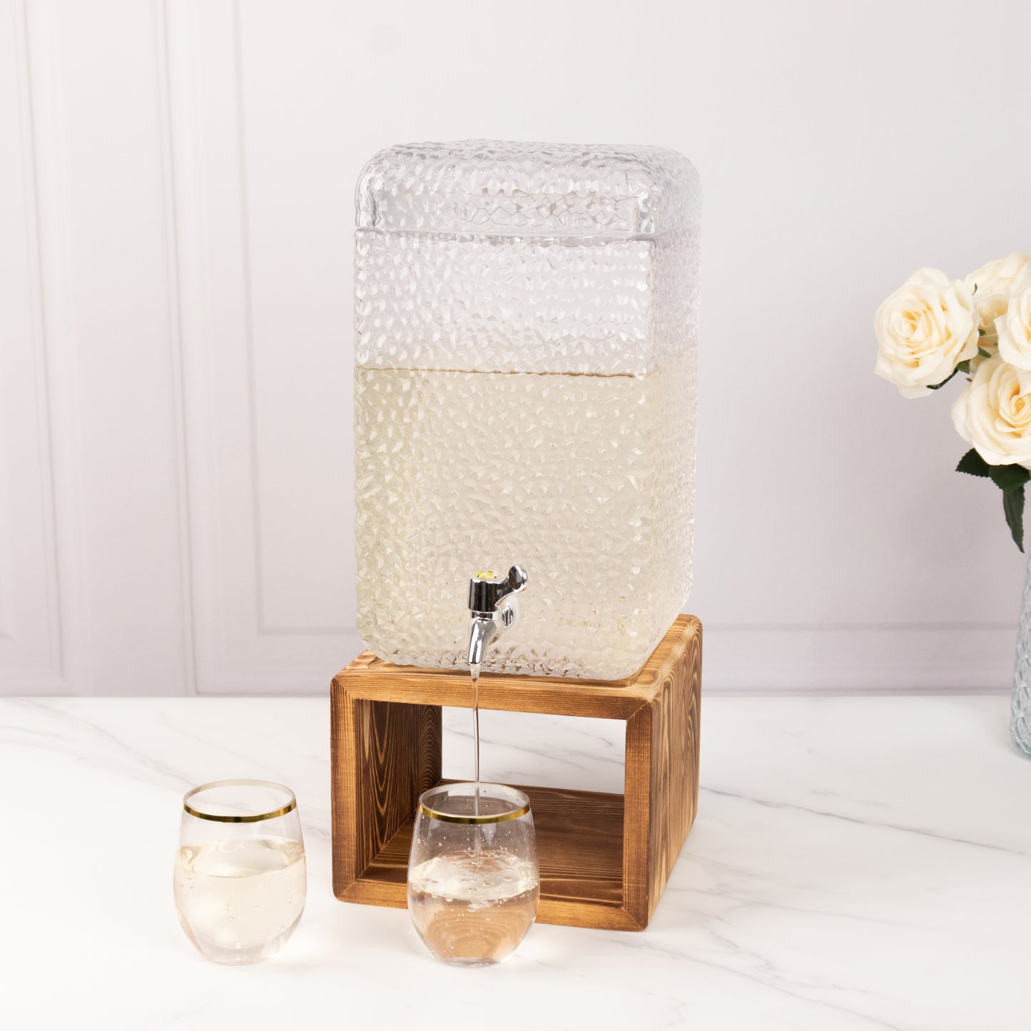 2 Gallon Clear Hammered Glass Drink Dispenser with Wooden Stand, Lead Free Countertop Rectangular Juice Jar Beverage Dispenser with Lid and Spigot - 19"