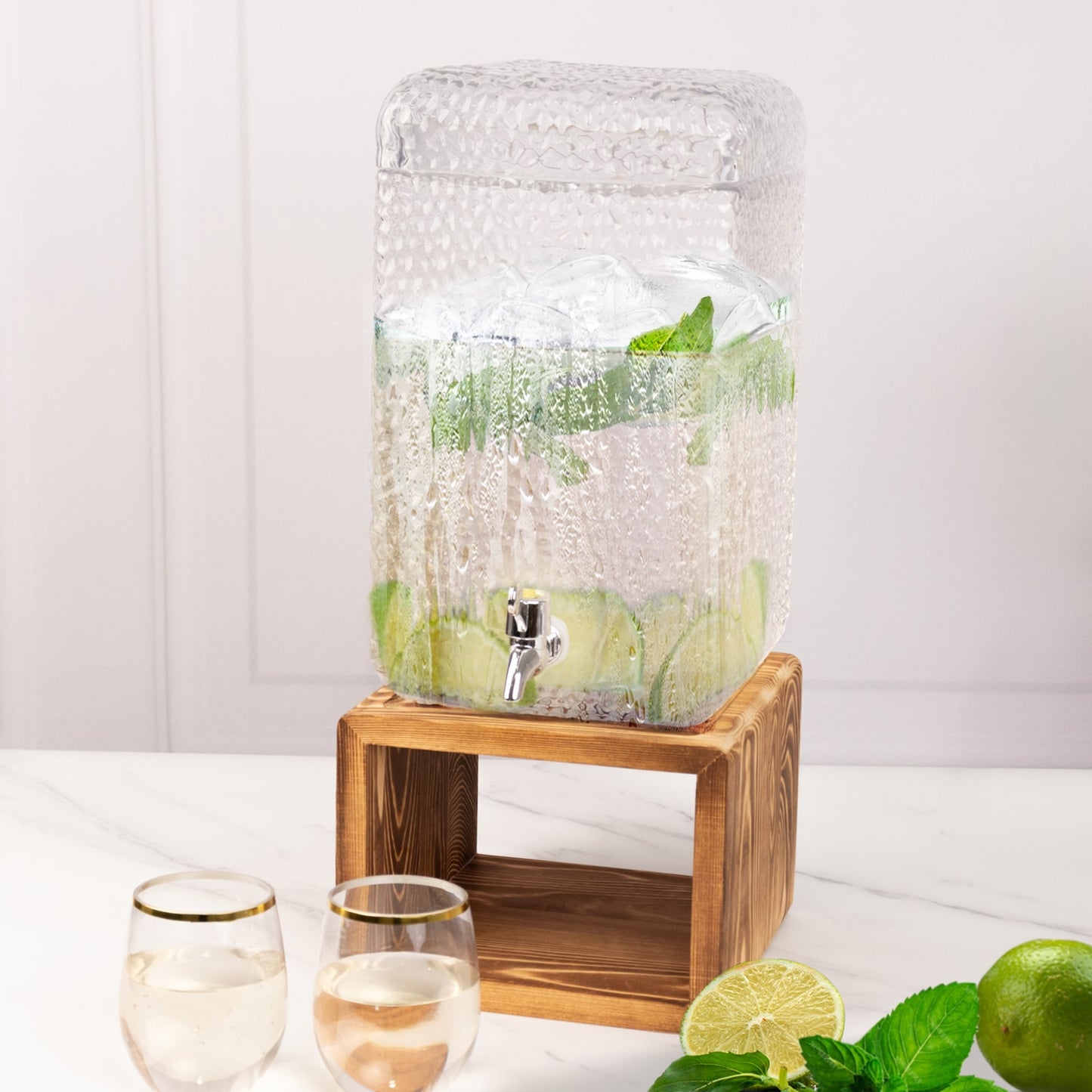 2 Gallon Clear Hammered Glass Drink Dispenser with Wooden Stand, Lead Free Countertop Rectangular Juice Jar Beverage Dispenser with Lid and Spigot - 19"