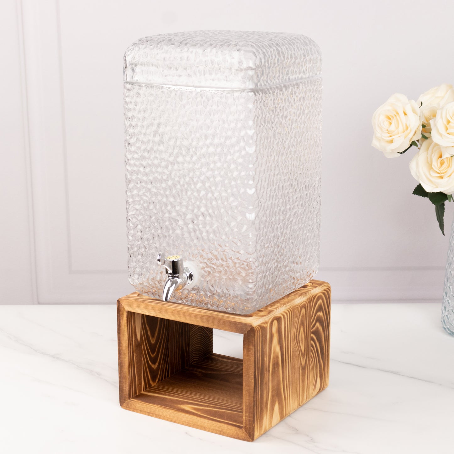 2 Gallon Clear Hammered Glass Drink Dispenser with Wooden Stand, Lead Free Countertop Rectangular Juice Jar Beverage Dispenser with Lid and Spigot - 19"