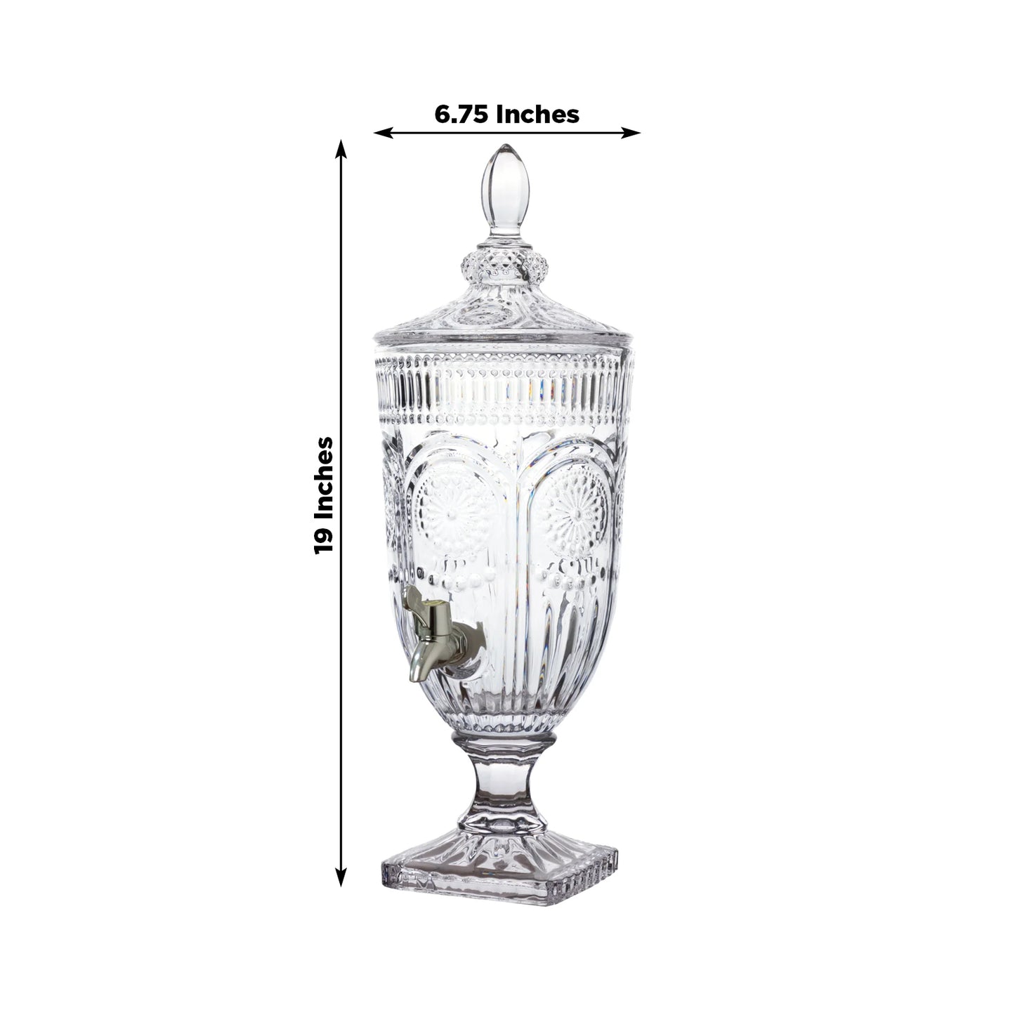 Vintage Cut Crystal Glass Drink Dispenser with Lid & Spigot – Tall Beverage Server, Vertical Panel & Floral Design, 3L