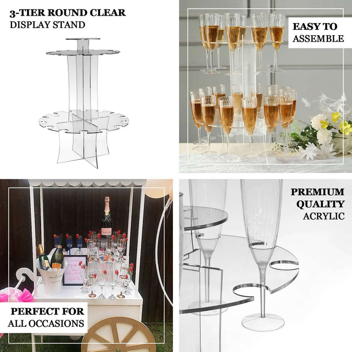 3-Tier Round Clear 21" Acrylic Champagne Glasses Flutes Display Stand, Wine Glass Rack Tower - Holds 23 Stemware + 1 Bottle