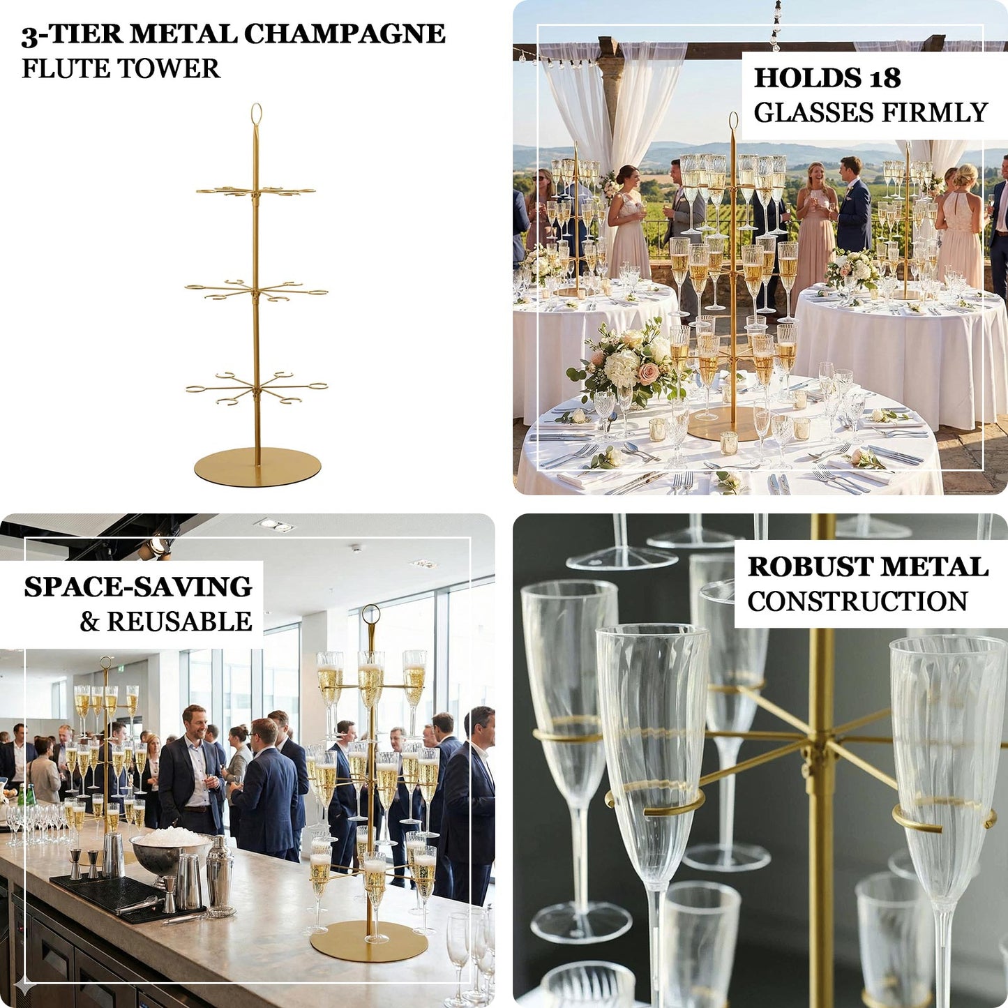 Gold metal 3-tier wine glass stand with 18 champagne flute holders.