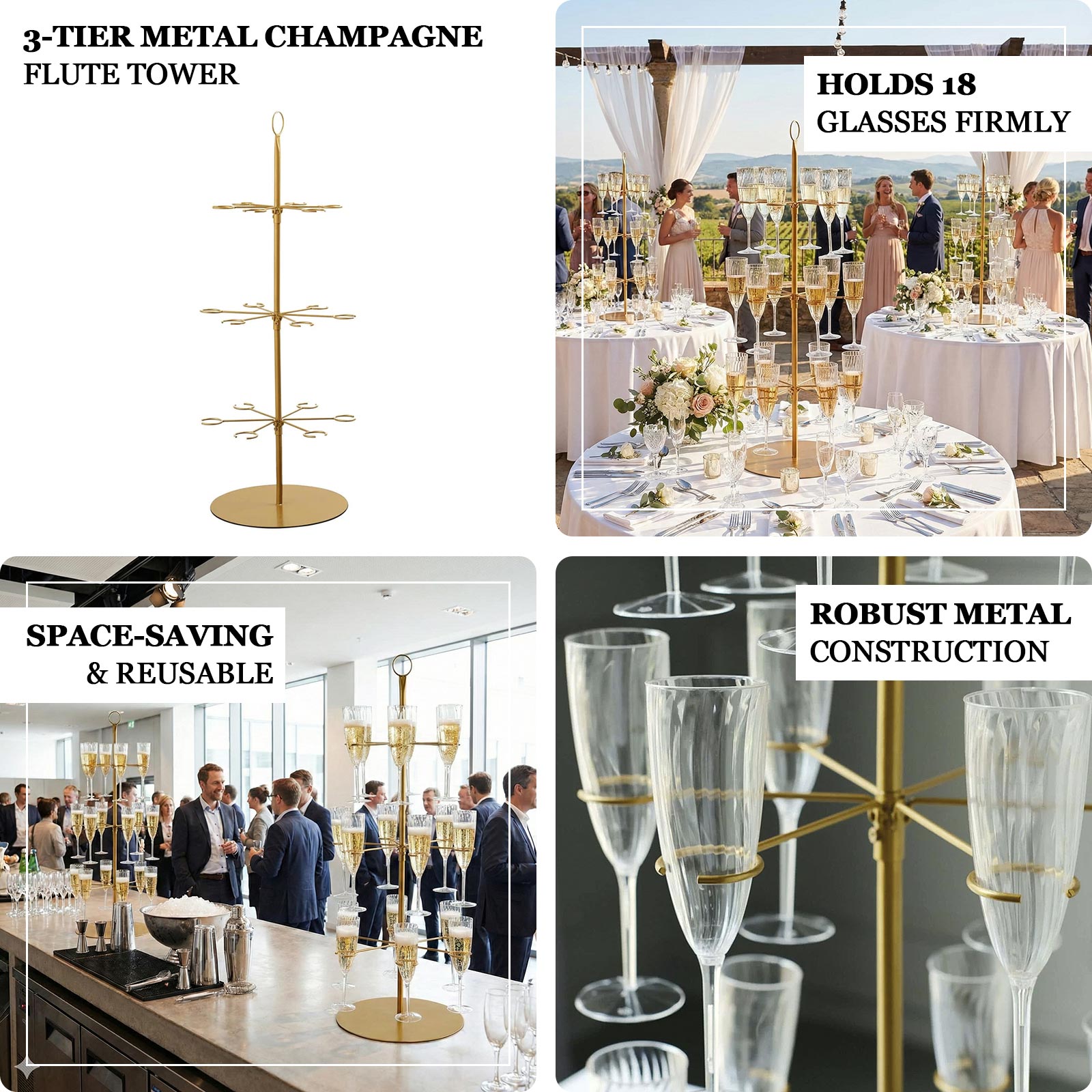 Gold metal 3-tier wine glass stand with 18 champagne flute holders.