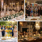 Gold 3-tier wine glass tree stand with champagne flutes at a celebration.