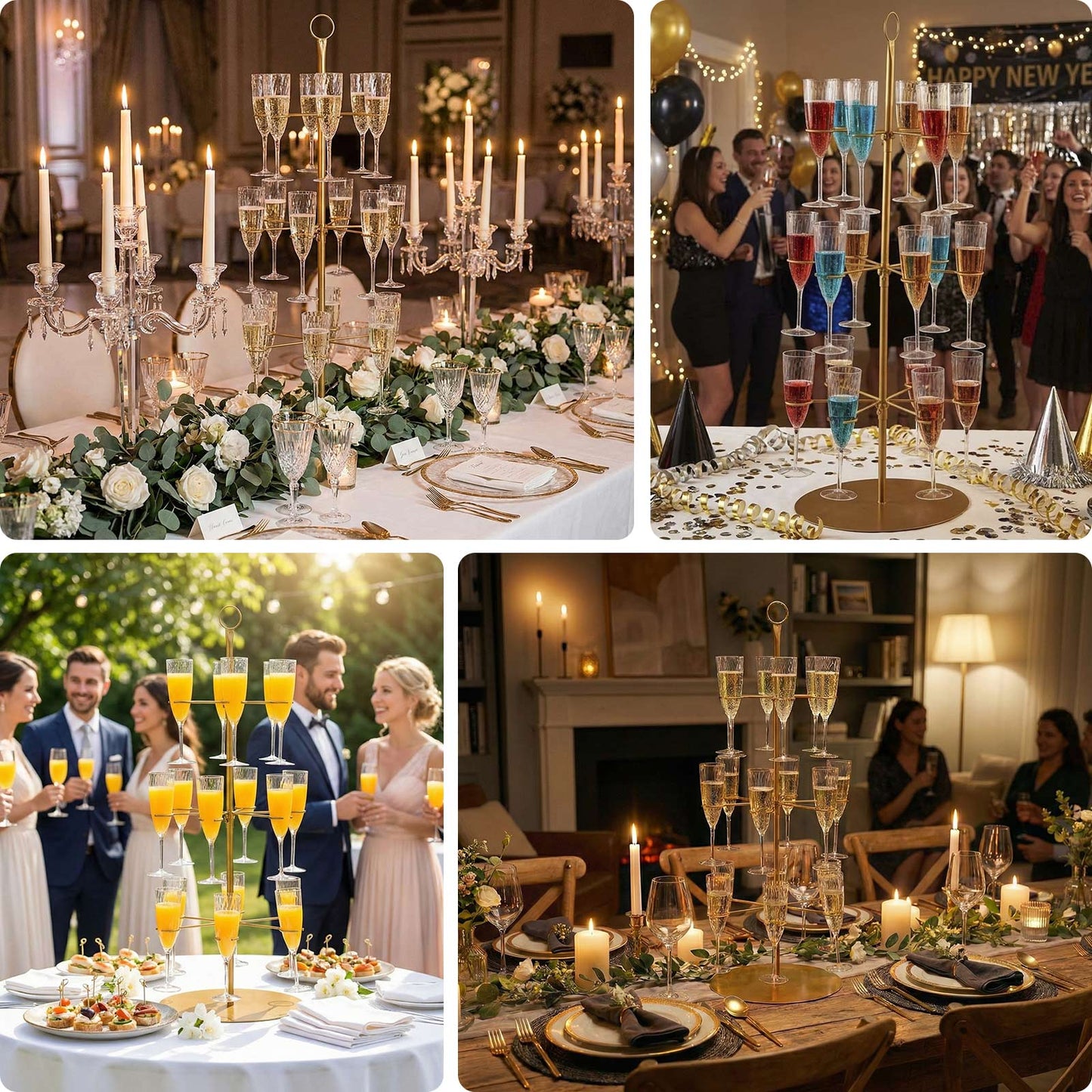 Gold 3-tier wine glass tree stand with champagne flutes at a celebration.
