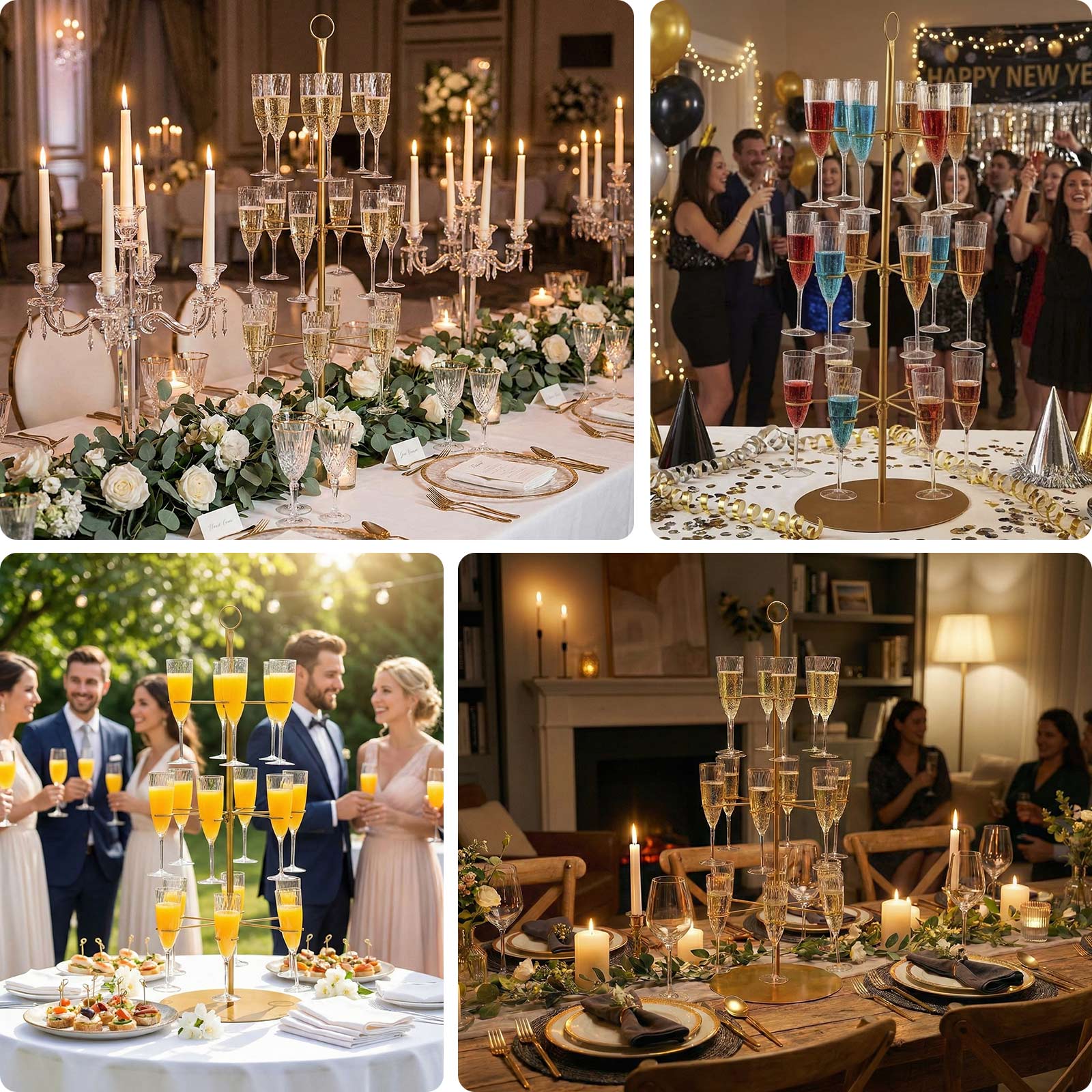 Gold 3-tier wine glass tree stand with champagne flutes at a celebration.