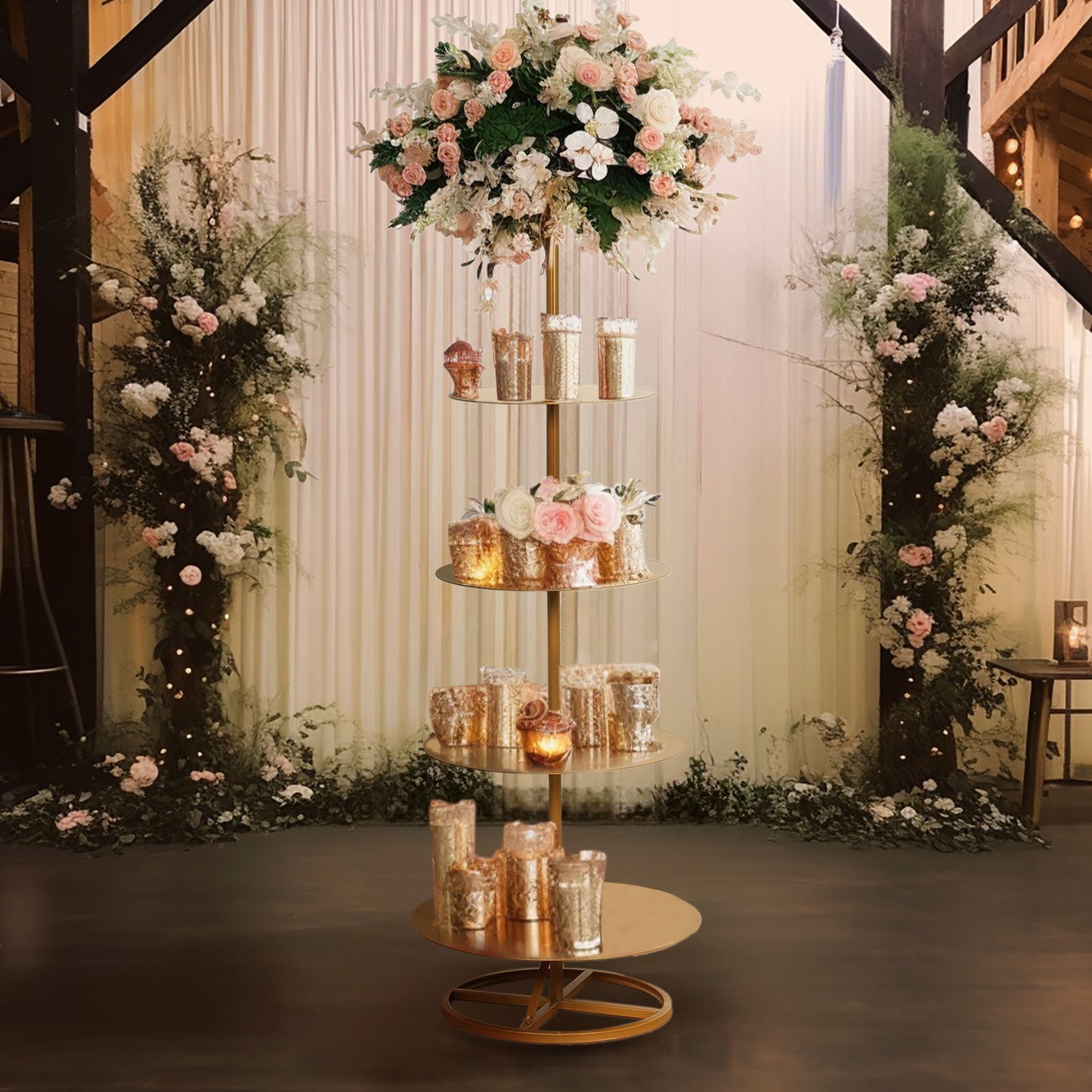 5 Tier Round Gold Metal Cupcake Holder Dessert Display Stand, 4.5ft Tall Champagne Tower Floor Stand