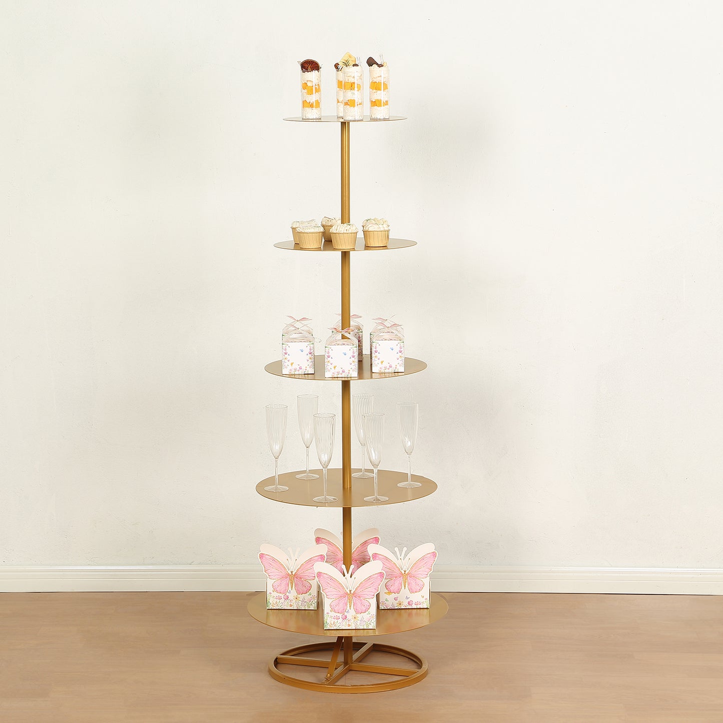 5 Tier Round Gold Metal Cupcake Holder Dessert Display Stand, 4.5ft Tall Champagne Tower Floor Stand