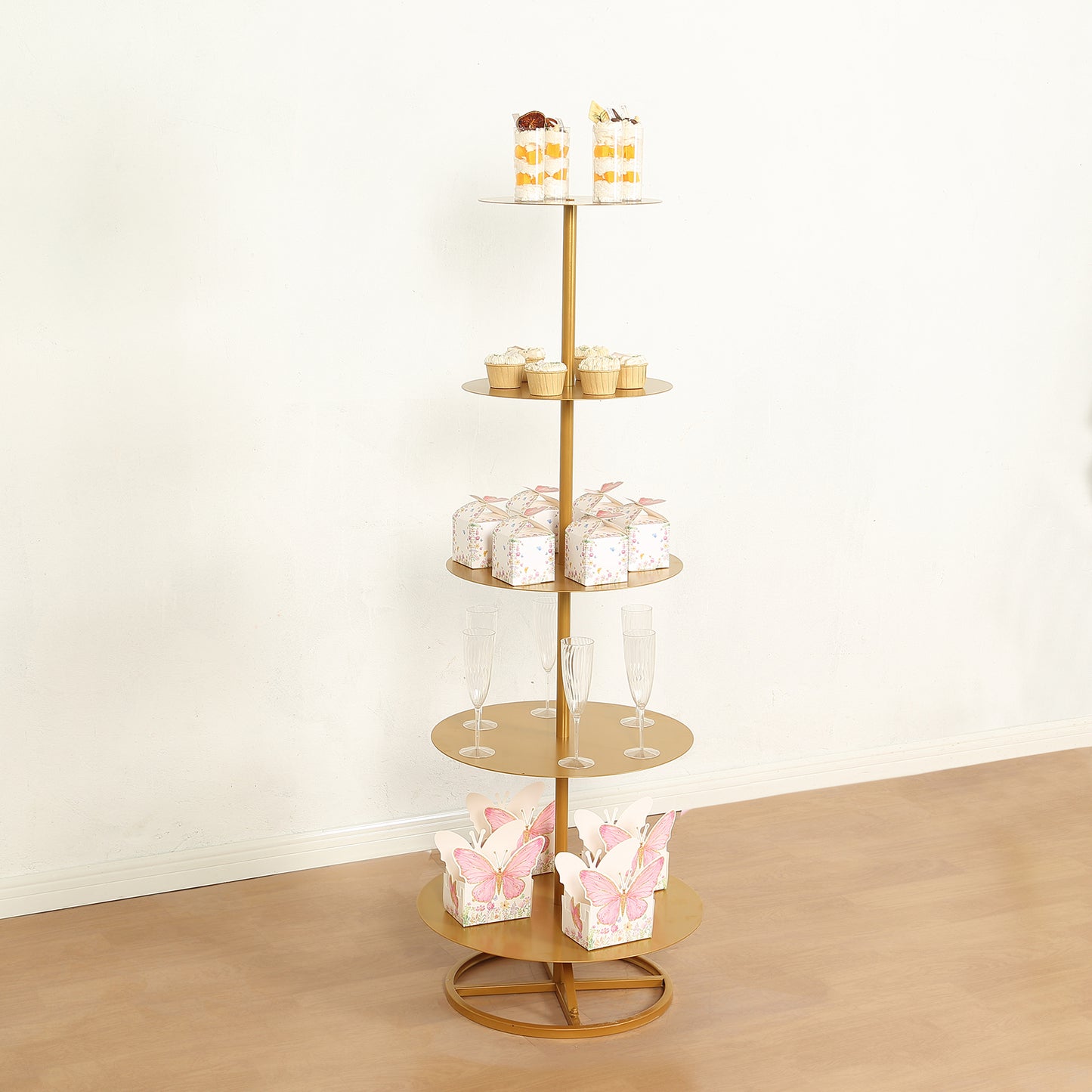 5 Tier Round Gold Metal Cupcake Holder Dessert Display Stand, 4.5ft Tall Champagne Tower Floor Stand