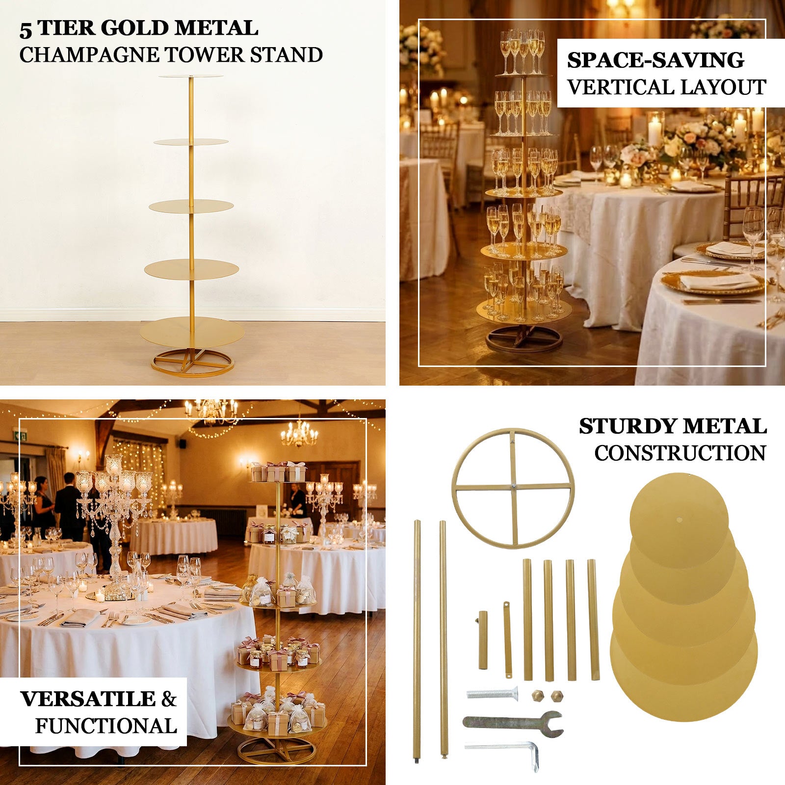 Gold 5-tier metal cupcake holder and champagne tower display stand.
