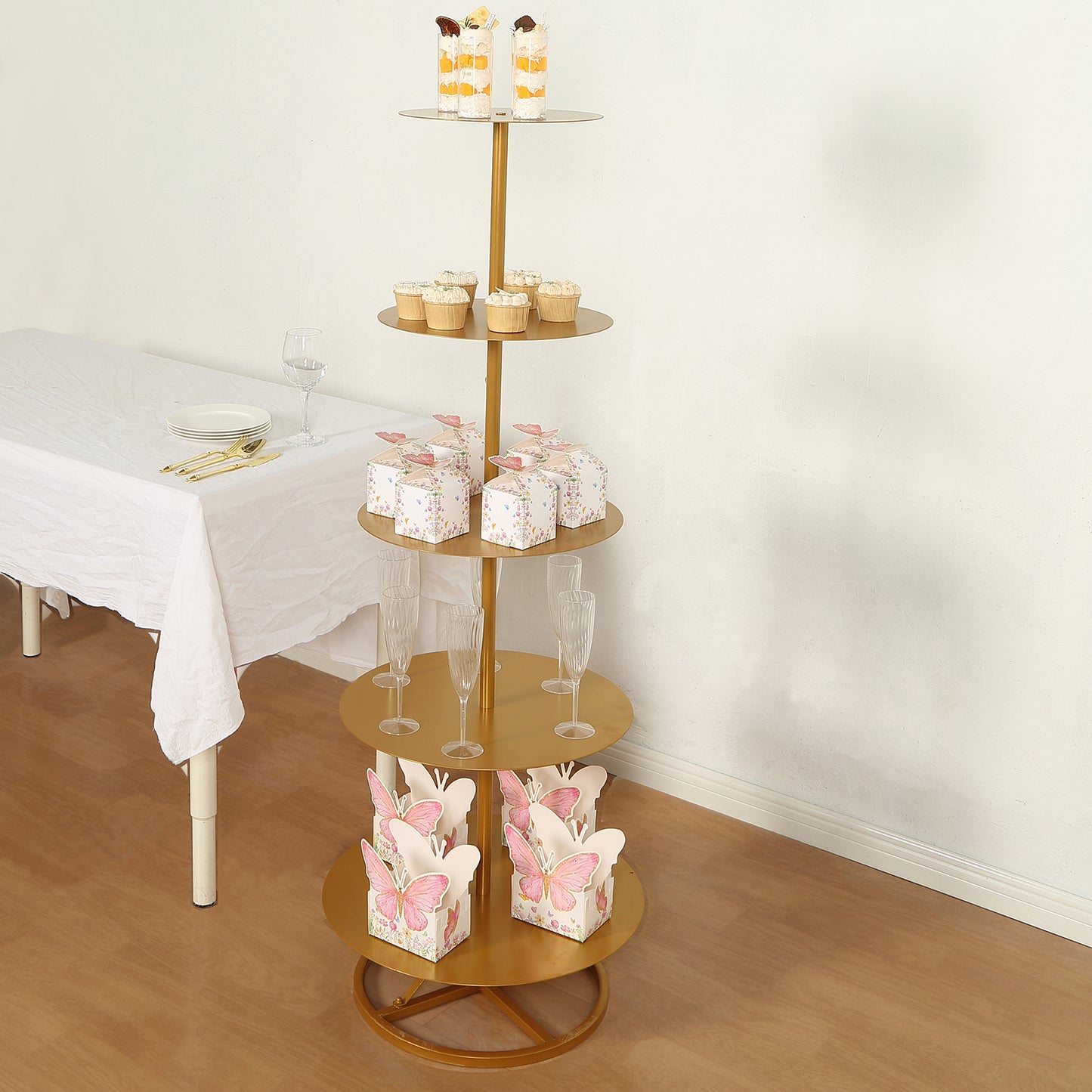 5 Tier Round Gold Metal Cupcake Holder Dessert Display Stand, 4.5ft Tall Champagne Tower Floor Stand