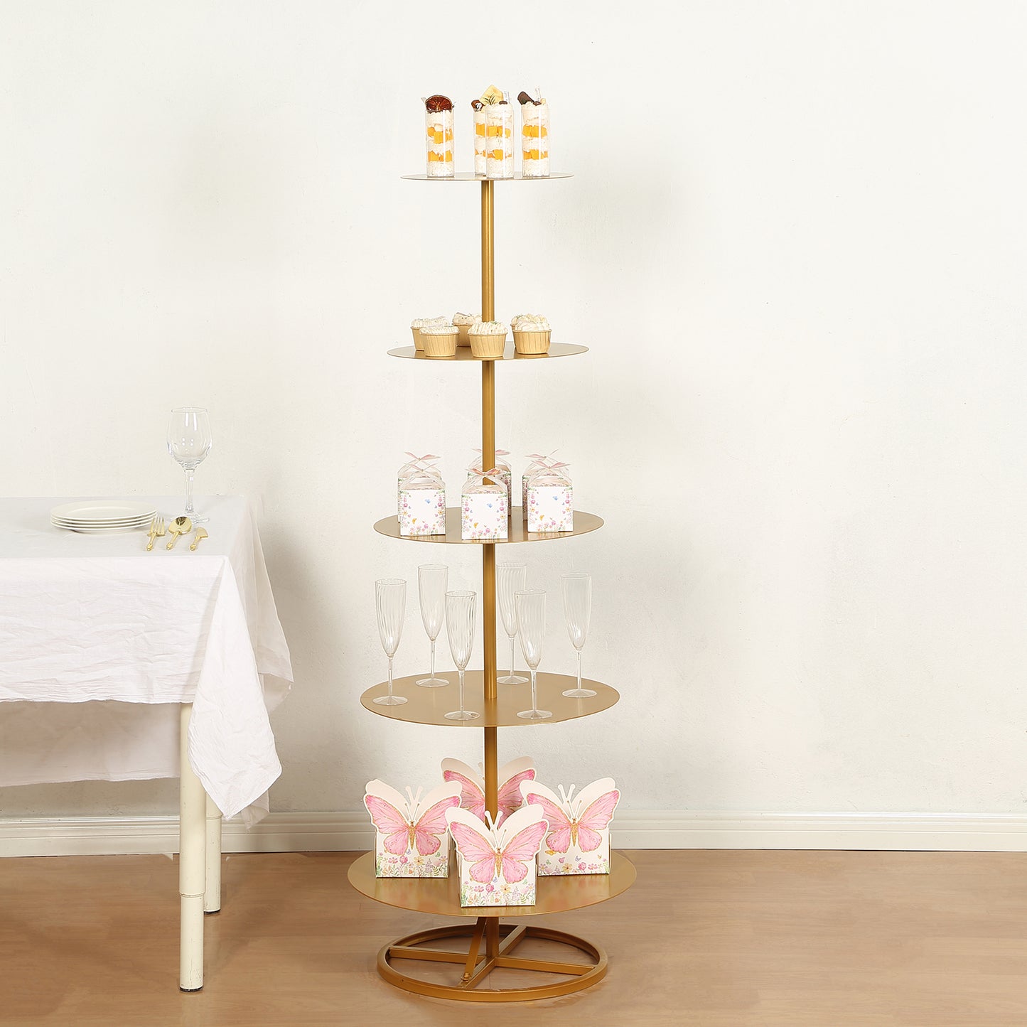 5 Tier Round Gold Metal Cupcake Holder Dessert Display Stand, 4.5ft Tall Champagne Tower Floor Stand