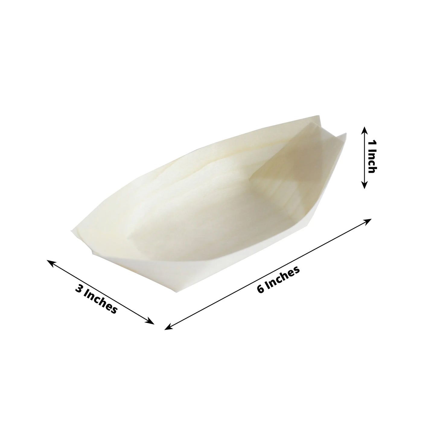 Natural biodegradable wooden boat-shaped food plates, 6 inches, compostable pine wood.