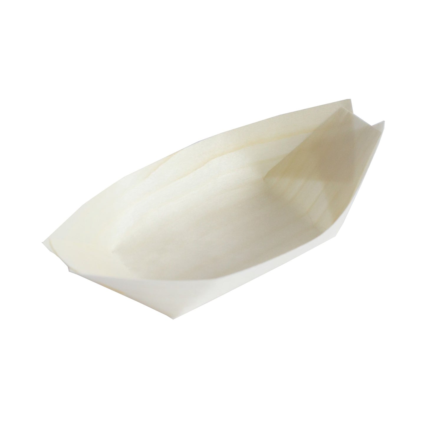 Natural biodegradable wooden boat-shaped food plate, 6" in light wood color.
