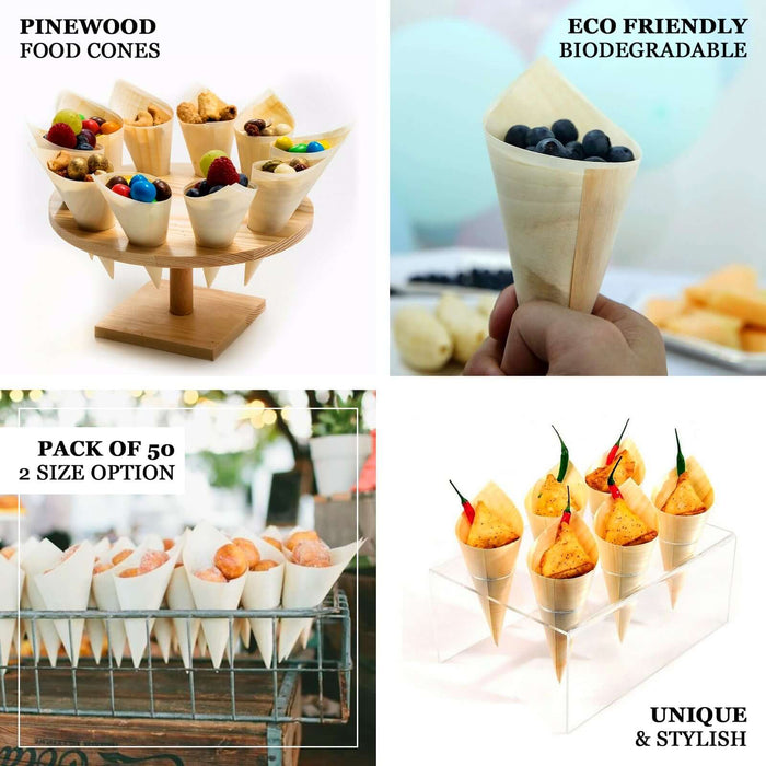 Natural eco-friendly pine wood food cones, 100% biodegradable, pack of 50.