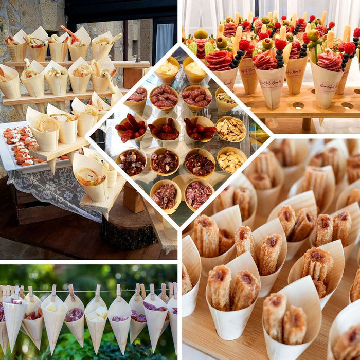 Natural eco-friendly disposable pine wood food cones for serving snacks.