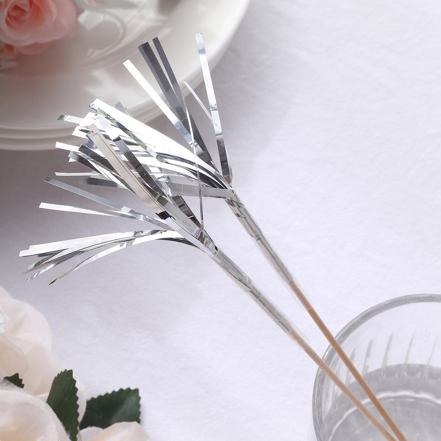 Silver firework frills cake toppers and cupcake decoration picks.
