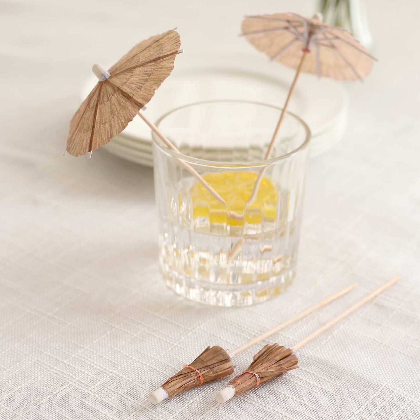 50 Pack Natural Eco Friendly Tiki Hut Paper Umbrella Cocktail Picks, 6" Biodegradable Bamboo Skewers Cocktail Sticks