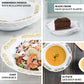 Gold embossed white disposable soup bowls with scalloped edges.