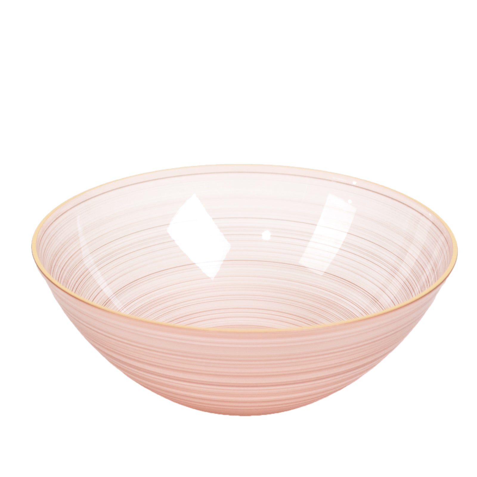 Transparent dusty rose bowl with gold rim, elegant swirl design.