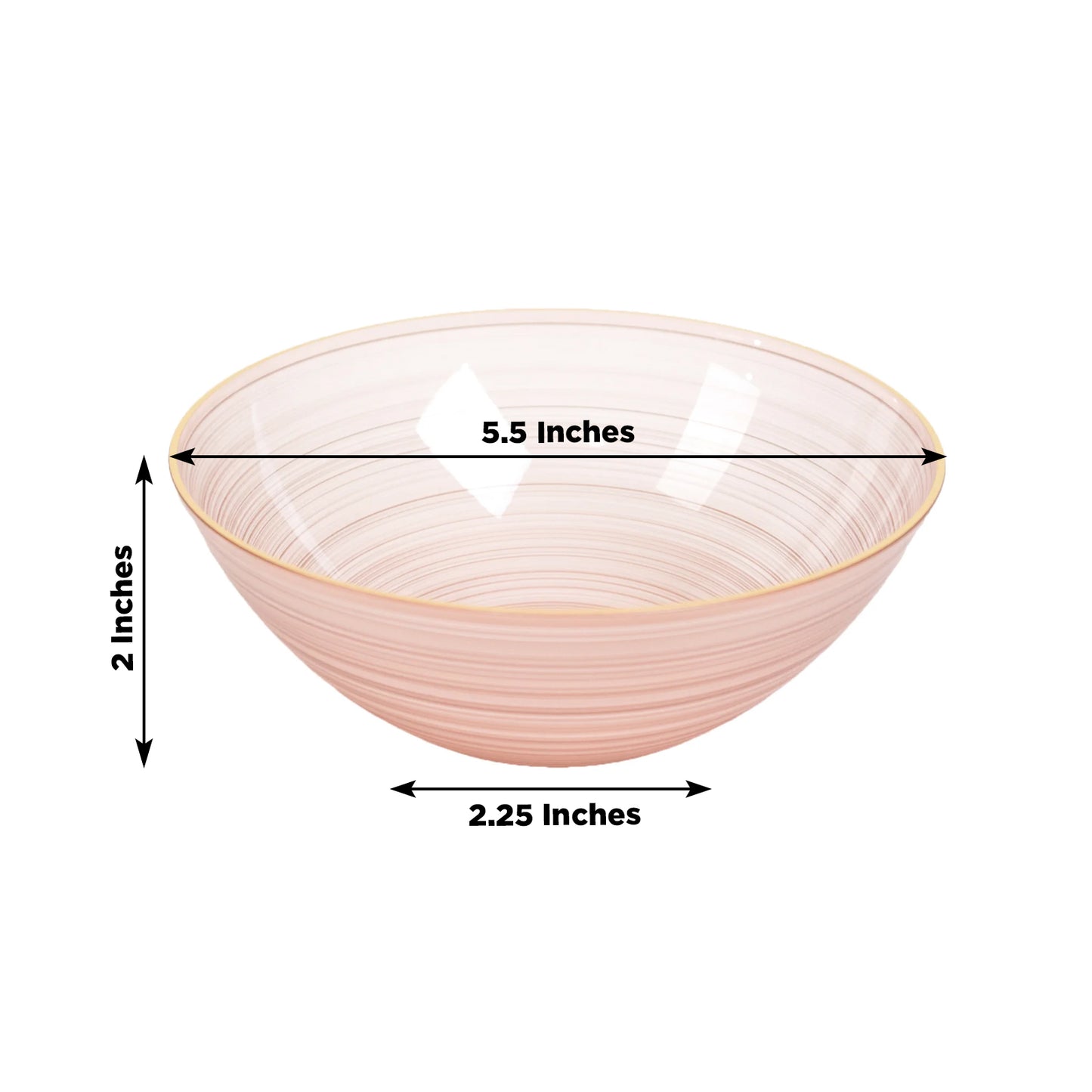 Transparent dusty rose bowl with gold rim, elegant swirl design.