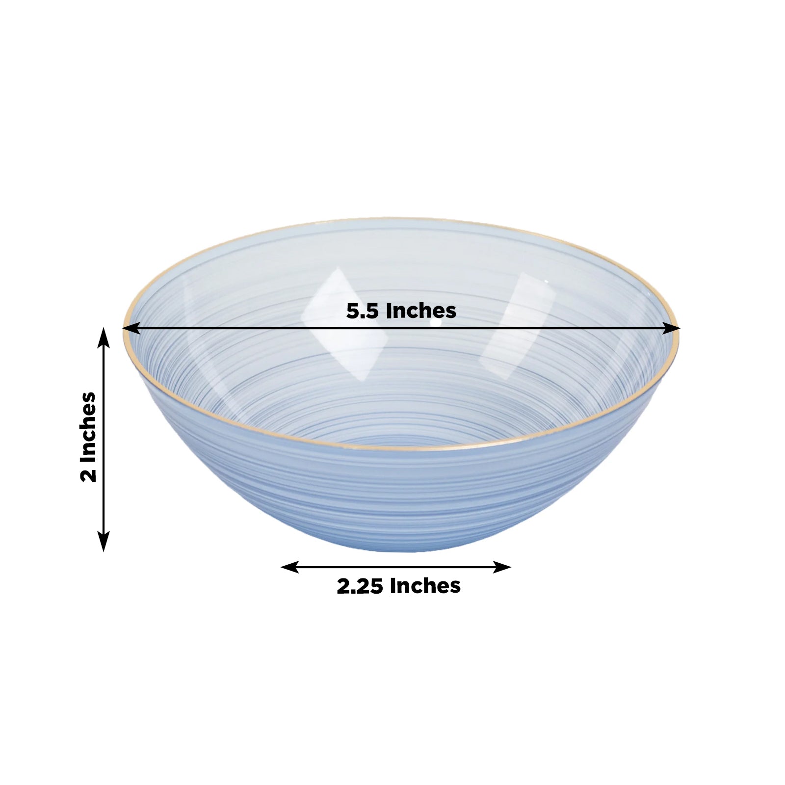 Transparent dusty blue bowl with gold rim, elegant crystal-like swirl design.