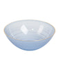 Transparent dusty blue bowl with a gold rim, elegant crystal-like swirl design.