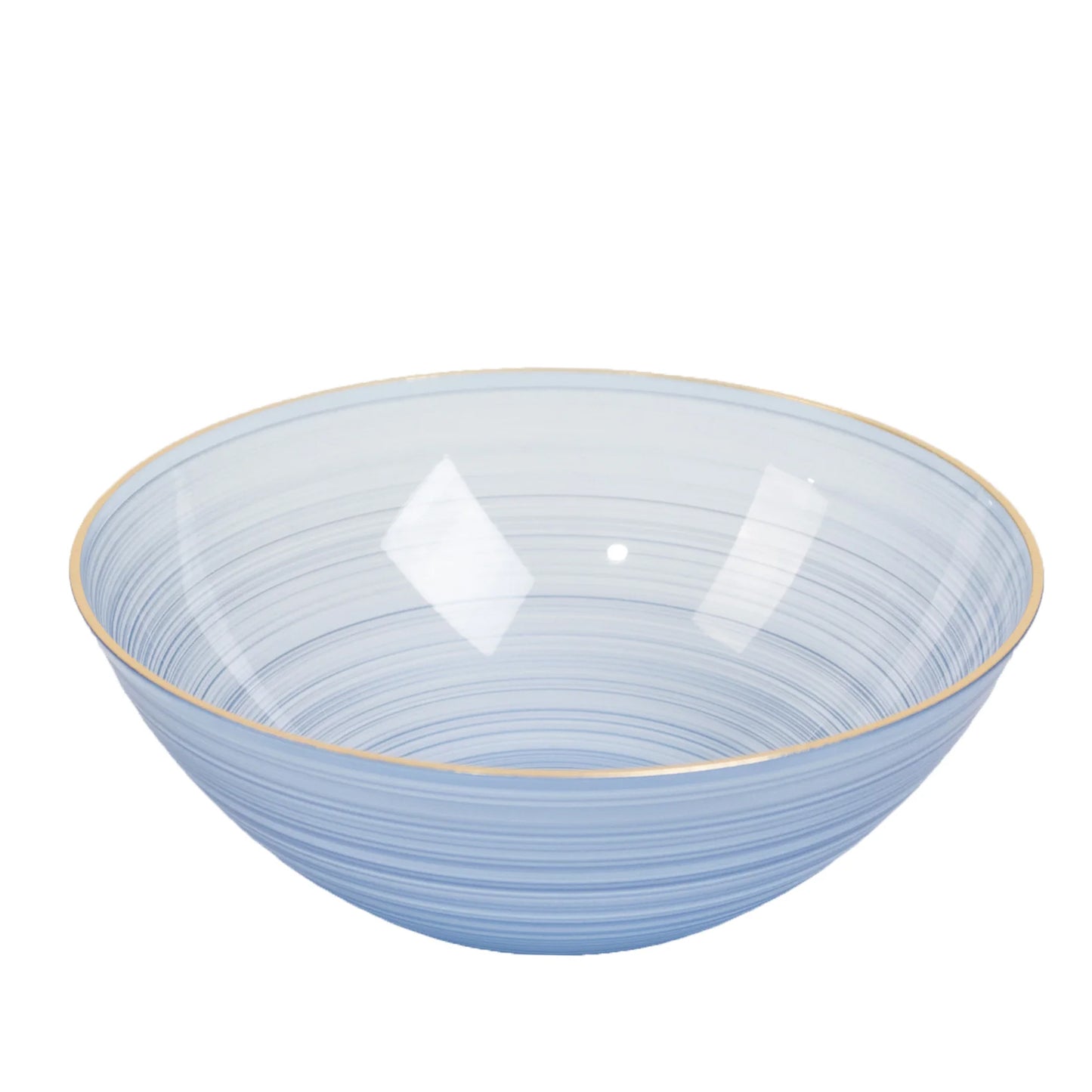 Transparent dusty blue bowl with a gold rim, elegant crystal-like swirl design.