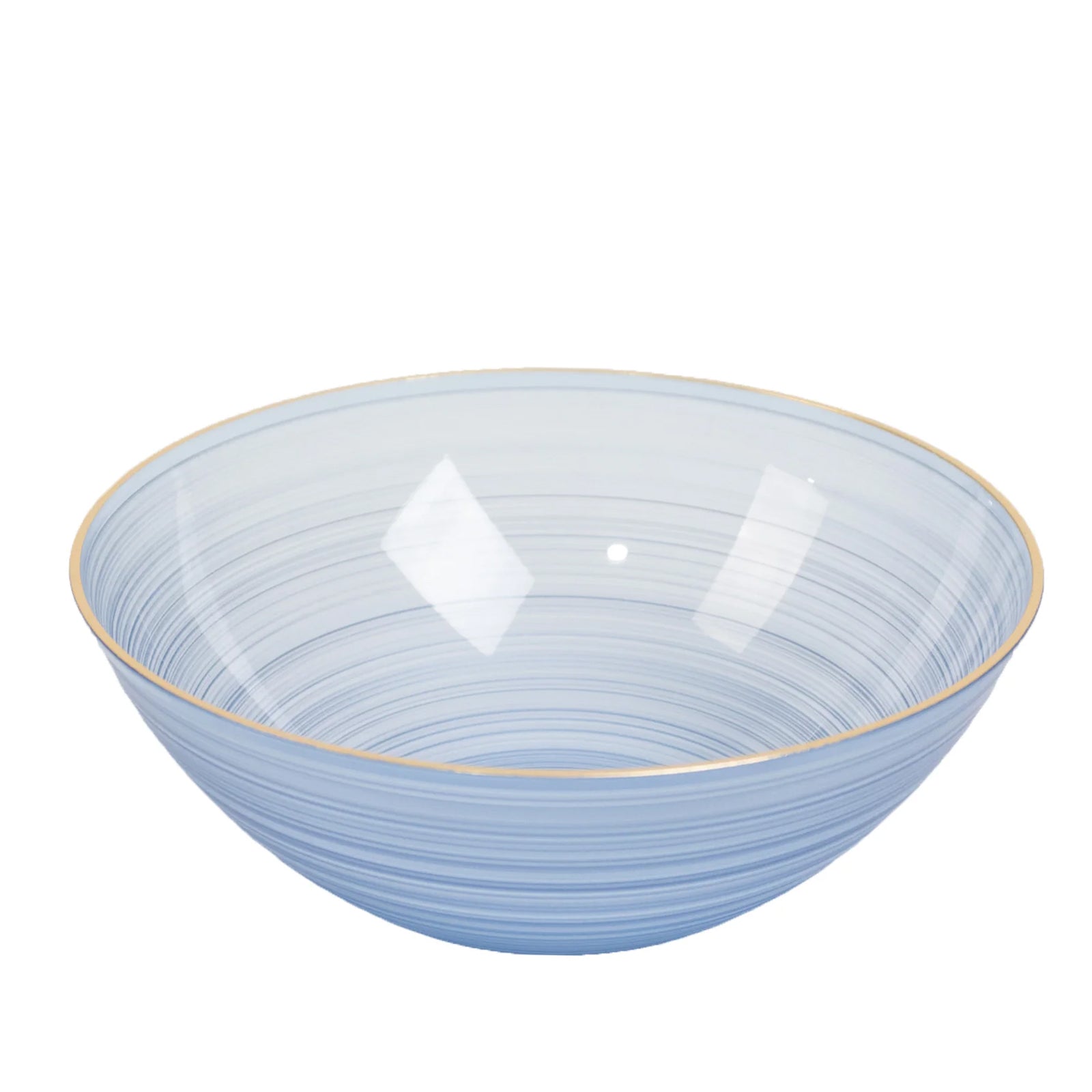 Transparent dusty blue bowl with a gold rim, elegant crystal-like swirl design.