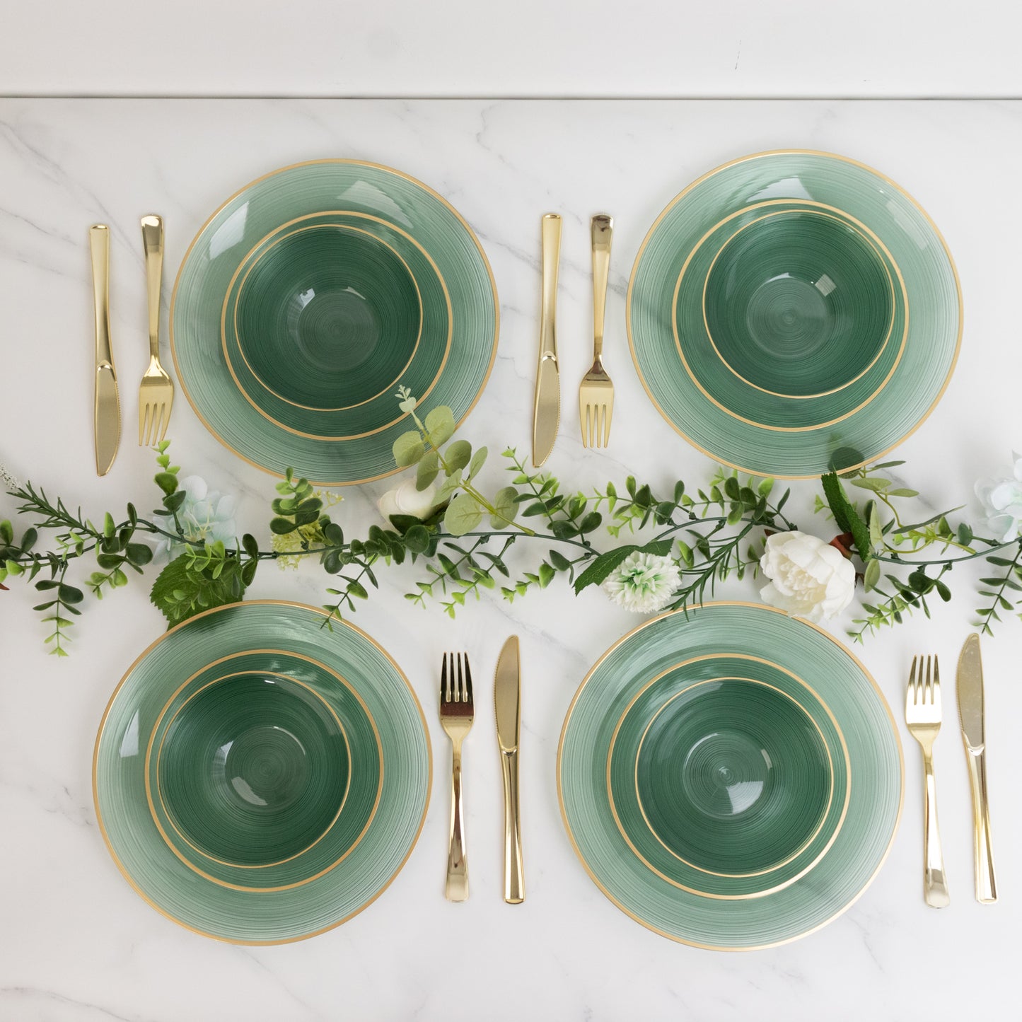Transparent dusty sage green bowls with gold rim, elegant and disposable.