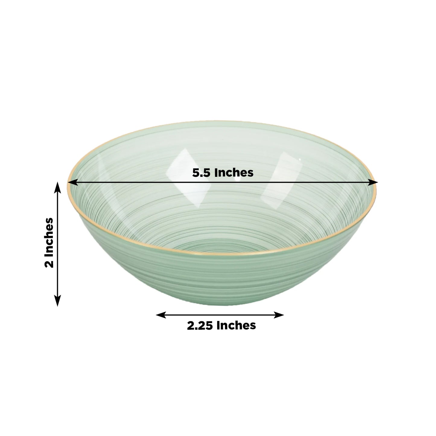 Transparent dusty sage green bowl with a gold rim and elegant swirl design.