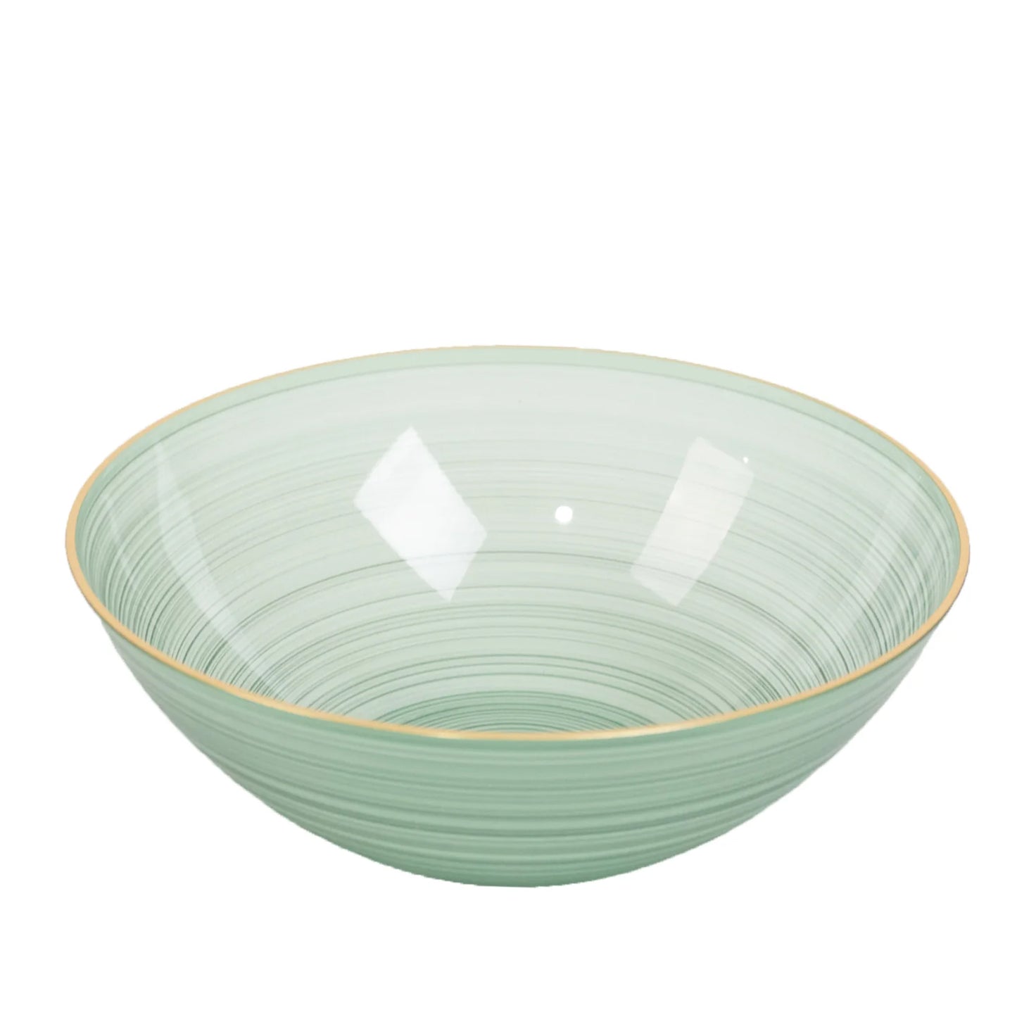Transparent dusty sage green bowl with a gold rim and elegant swirl design.