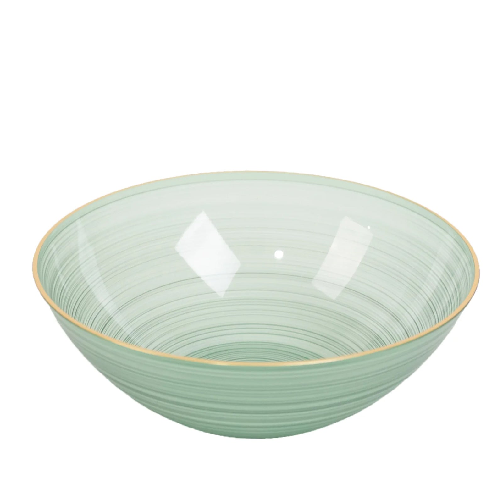 Transparent dusty sage green bowl with a gold rim and elegant swirl design.