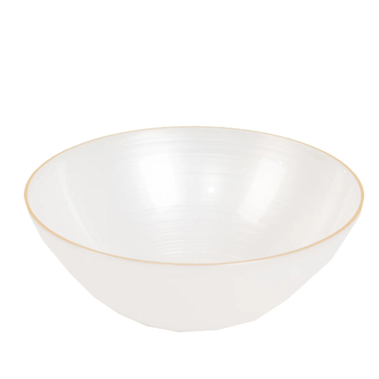 Transparent pearl white bowl with a gold rim, elegant disposable design.