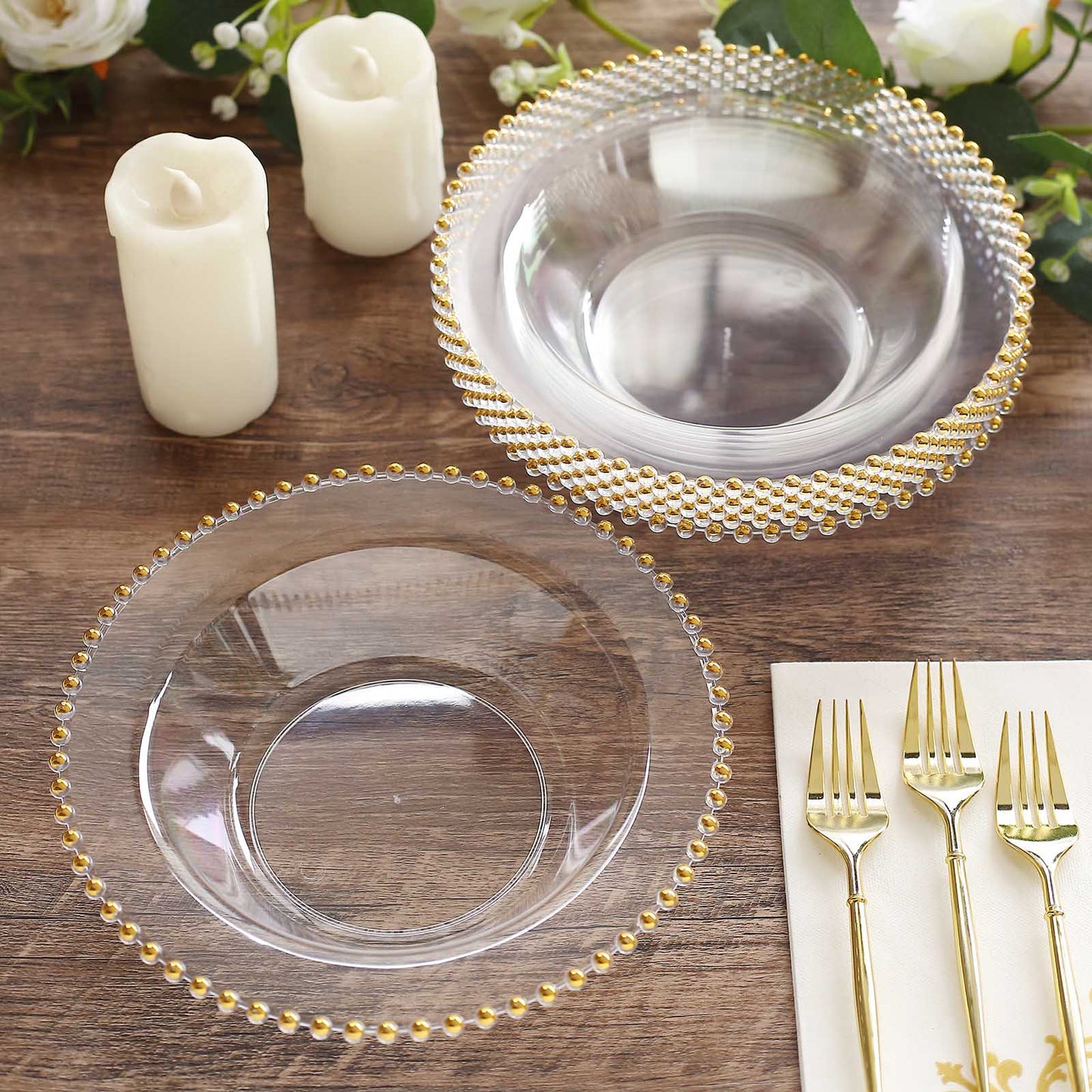 10 Pack Clear Round Plastic Dessert Bowls with Gold Beaded Rim, 12oz Disposable Salad Soup Bowls