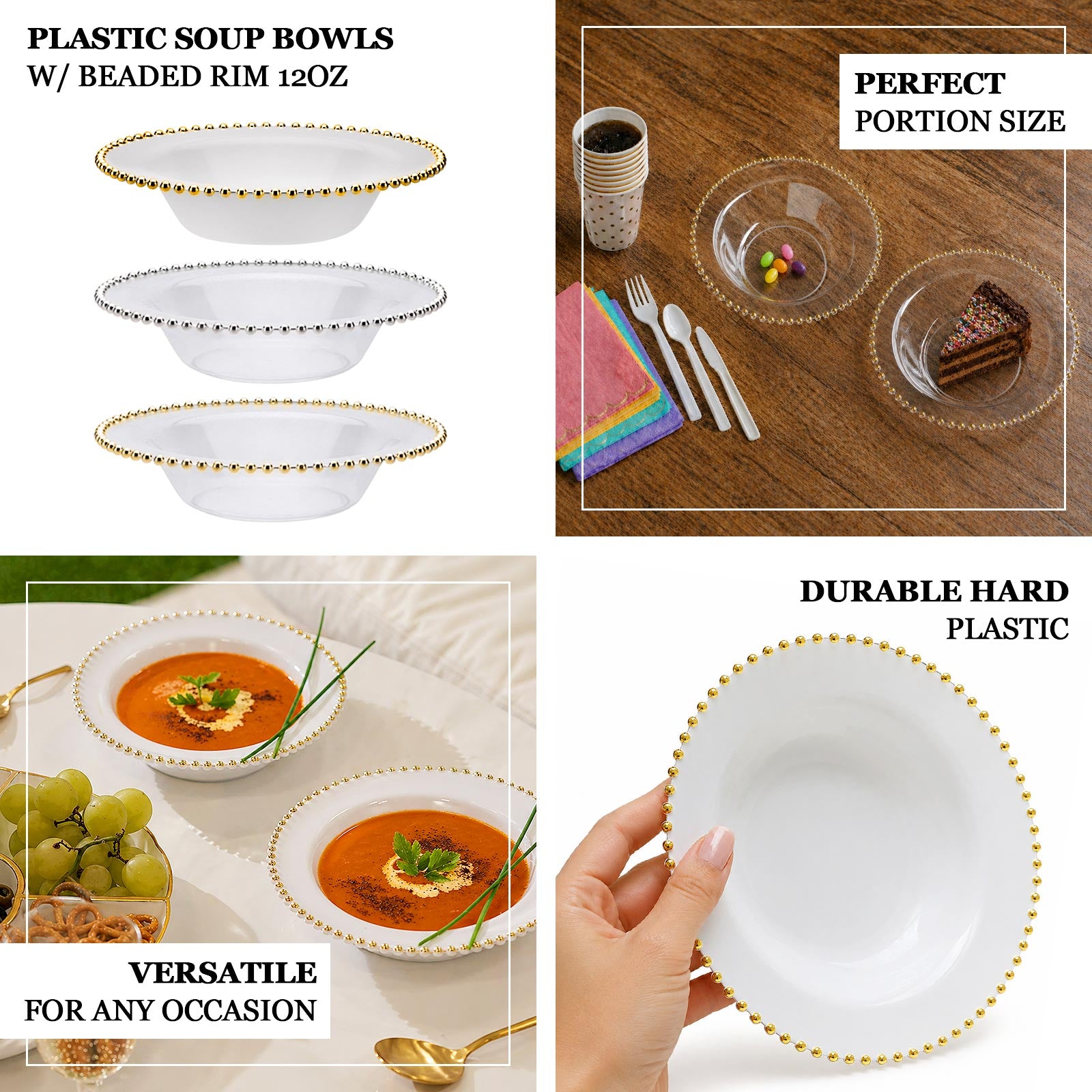 White round plastic dessert bowls with gold beaded rim, 12oz disposable.