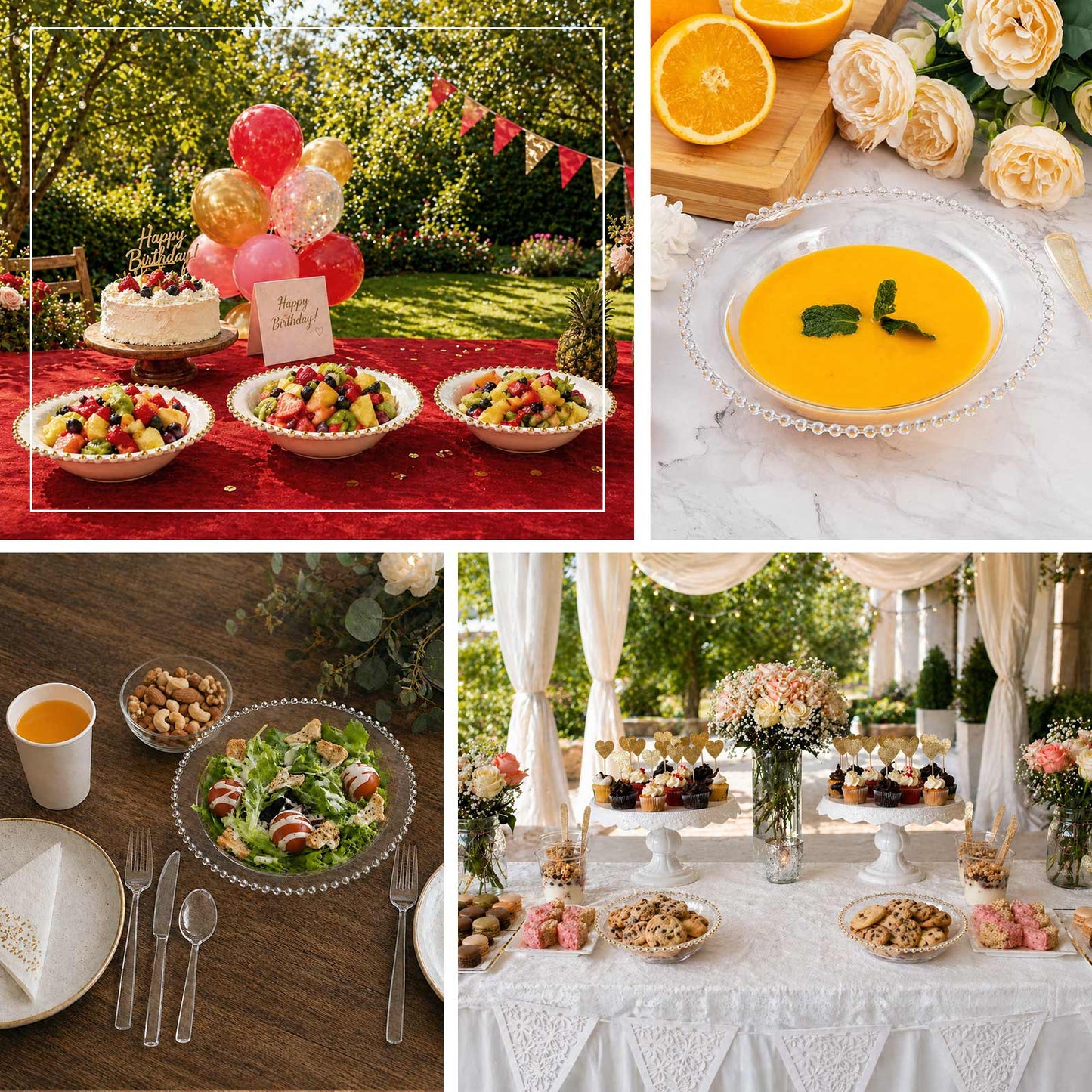 White round plastic dessert bowls with gold beaded rim, perfect for salads and soups.