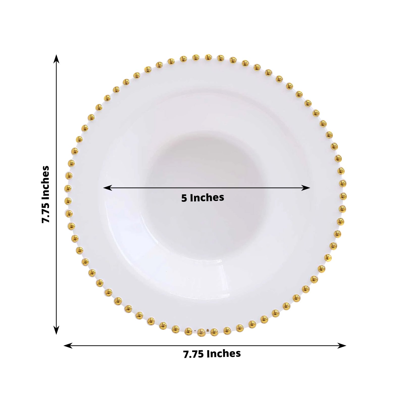 White round plastic dessert bowl with gold beaded rim, 12oz capacity.